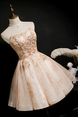 Bridesmaids Dress With Lace, Champagne Strapless Sequins Tulle Short Homecoming Dresses