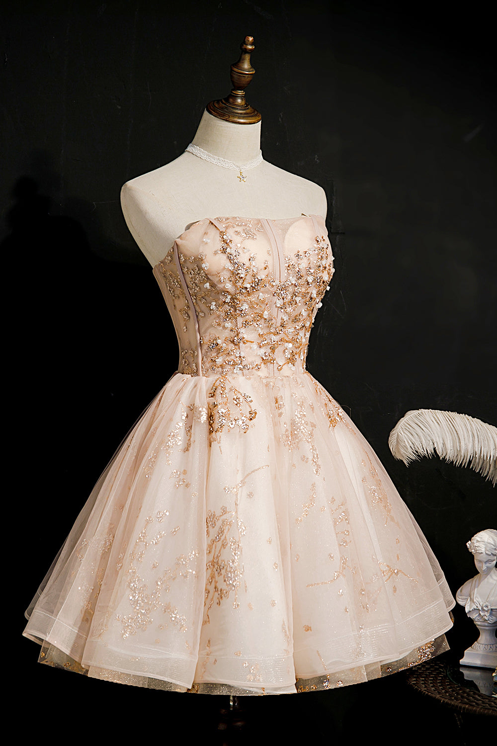 Bridesmaid Dresses Mismatched Fall, Champagne Strapless Sequins Tulle Short Homecoming Dresses