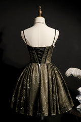 Prom Dresses 3 18 Sleeves, Elegant Black Spaghetti Strap Sequins Tulle Short Homecoming Dresses