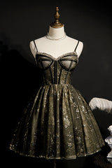 Prom Dresses 2035 Short, Elegant Black Spaghetti Strap Sequins Tulle Short Homecoming Dresses