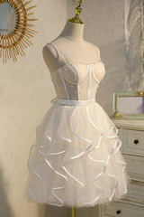 Bridesmaid Dress White, Champagne Spaghetti Straps Beading Tulle Princess Homecoming Dresses