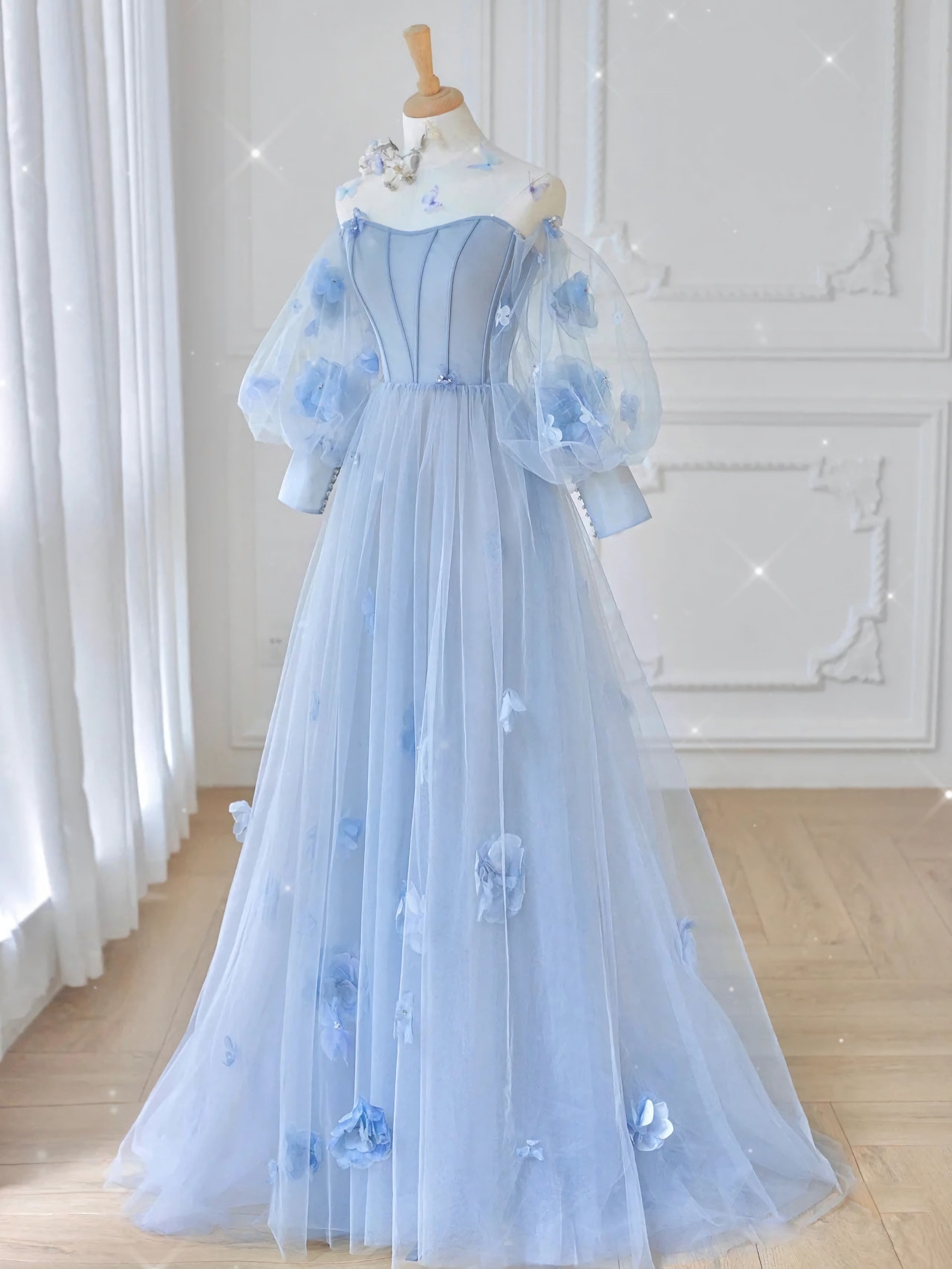 Princess Prom Dress, Blue Tulle Lace Long Prom Dress, Blue Tulle Lace Long Evening Dress