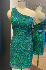 Maxi Dress Outfit, Hunter Green One Shoulder Straps Sequins Sheath Homecoming Dress