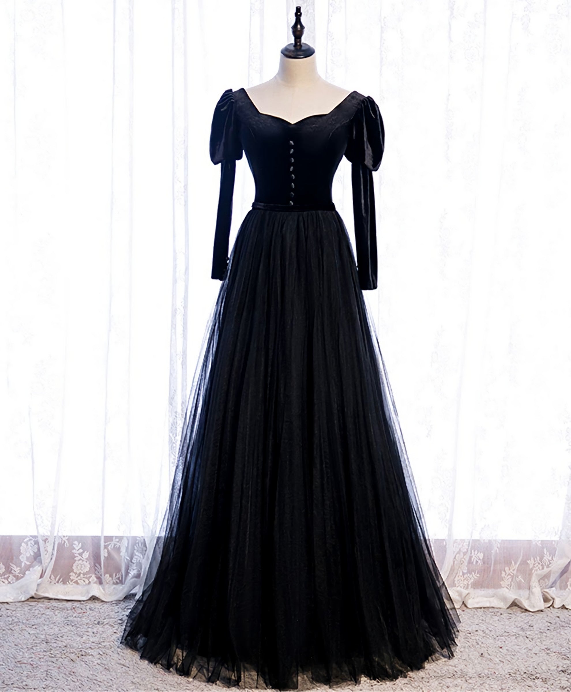 Homecoming Dress Floral, Black Tulle Long Prom Dress, Black Tulle Formal Dress