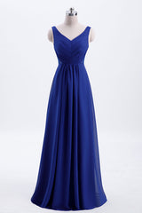 Party Dresses Weddings, Royal Blue Pleated A-line Chiffon Long Bridesmaid Dress
