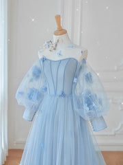 Black Long Dress, Blue Tulle Lace Long Prom Dress, Blue Tulle Lace Long Evening Dress