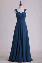 Prom Dress Fabric, Navy Blue Chiffon Sweetheart A-Line Long Bridesmaid Dress