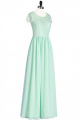 Party Dresses For 32 Year Olds, Sage Green Lace and Chiffon Cap Sleeve A-Line Long Bridesmaid Dress