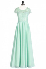Party Dresses Jumpsuits, Sage Green Lace and Chiffon Cap Sleeve A-Line Long Bridesmaid Dress
