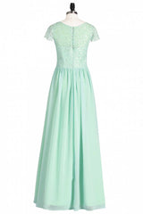Prom Dress 2043, Sage Green Lace and Chiffon Cap Sleeve A-Line Long Bridesmaid Dress