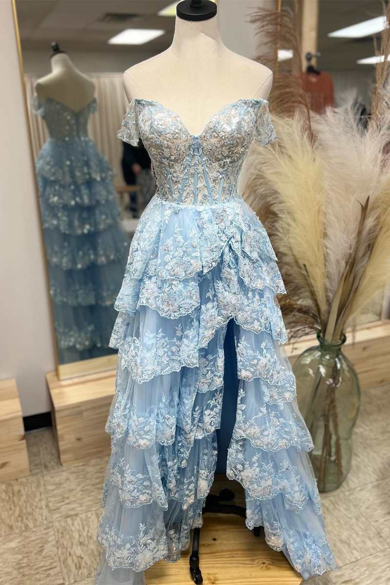 Homecoming Dresses Websites, Light Blue Lace Sweetheart Tiered Long Prom Dress with Slit