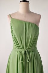 Prom Dress Places Near Me, One Shoulder Matcha Green Long Bridesmaid Dress with Sash
