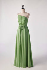 Prom Dresses For 2041, One Shoulder Matcha Green Long Bridesmaid Dress with Sash