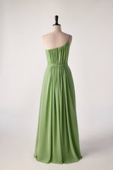 Prom Dresses For Adults, One Shoulder Matcha Green Long Bridesmaid Dress with Sash