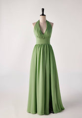 Prom Dress Piece, Halter V Neck Matcha Green Long Bridesmaid Dress