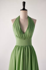Prom Dresses Pieces, Halter V Neck Matcha Green Long Bridesmaid Dress