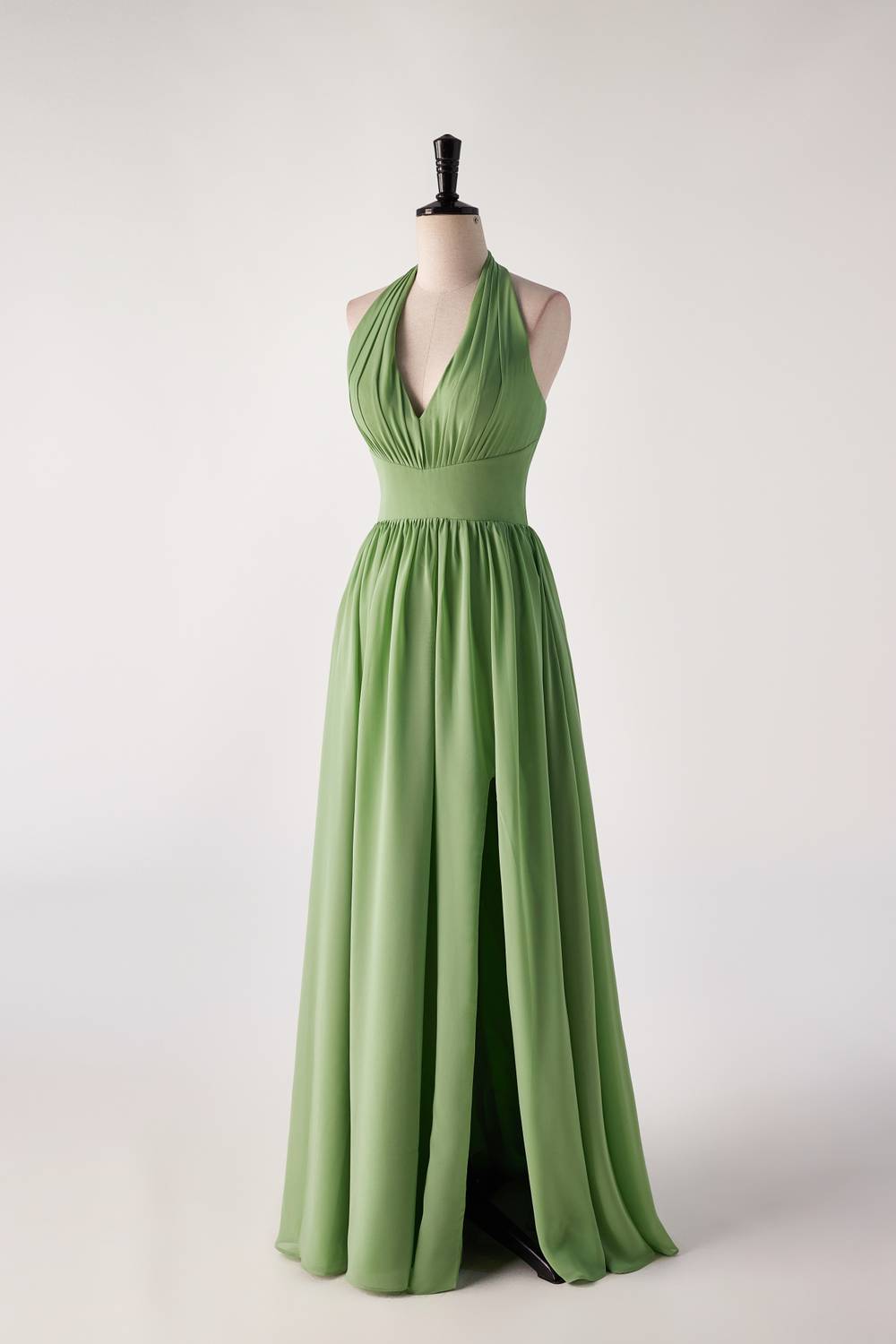 Prom Dresses Piece, Halter V Neck Matcha Green Long Bridesmaid Dress