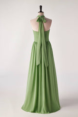 Prom Dresses For Short People, Halter V Neck Matcha Green Long Bridesmaid Dress