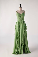 Prom Dresses Long Elegant, Matcha Green Ruffles Faux Wrap Bridesmaid Dress