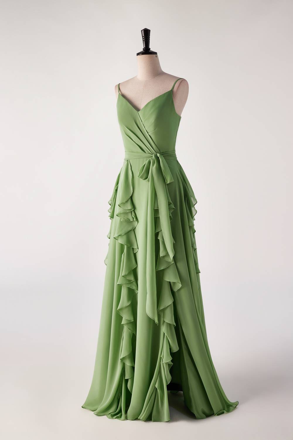 Prom Dresses 2044, Matcha Green Ruffles Faux Wrap Bridesmaid Dress