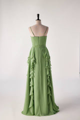 Prom Dress Long Elegent, Matcha Green Ruffles Faux Wrap Bridesmaid Dress