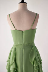 Prom Dress Long Elegant, Matcha Green Ruffles Faux Wrap Bridesmaid Dress