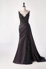 Bridesmaid Dresses Inspiration, Black Satin Appliques Mermaid Long Dress with Slit
