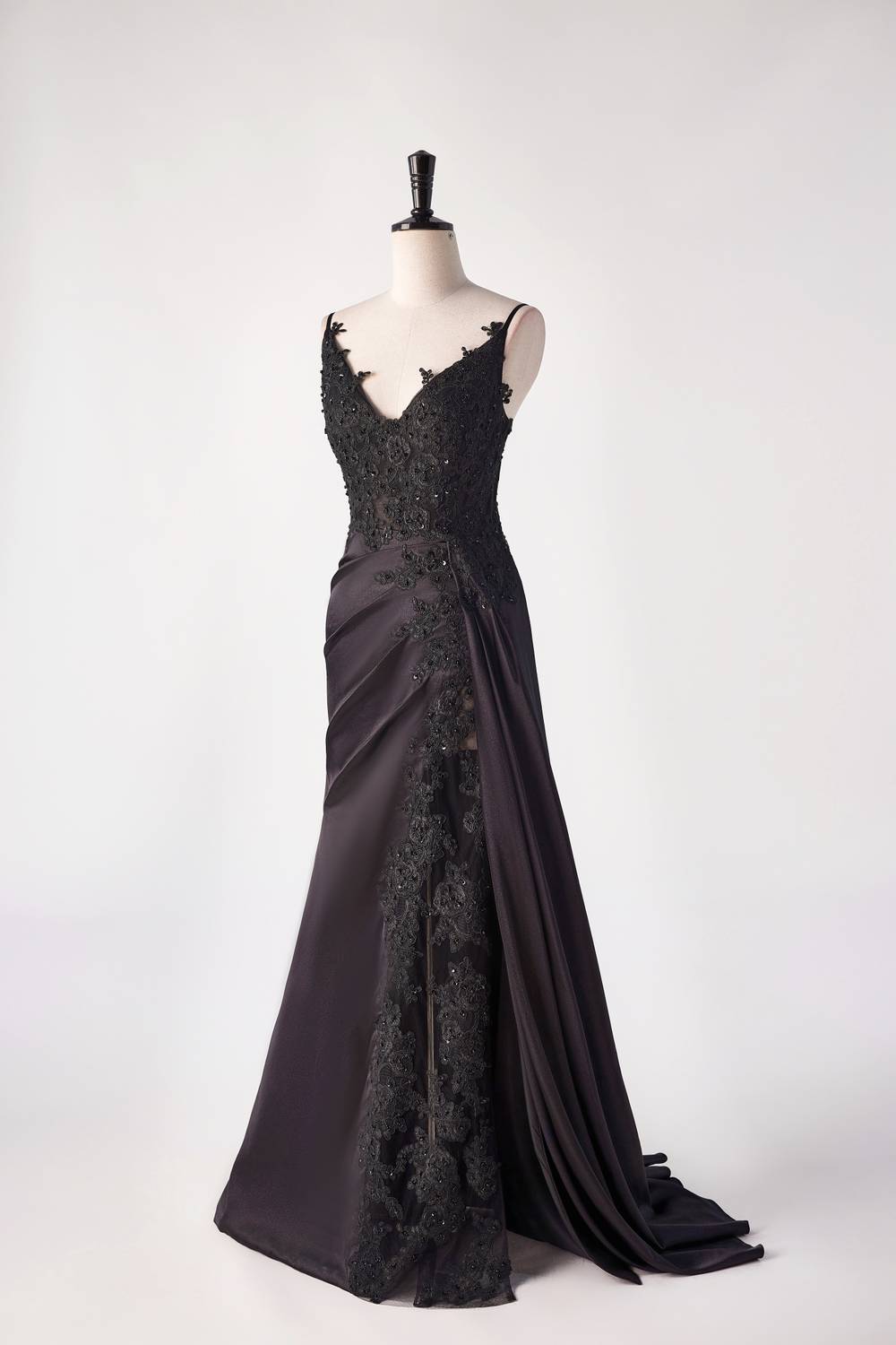 Bridesmaids Dress Inspiration, Black Satin Appliques Mermaid Long Dress with Slit
