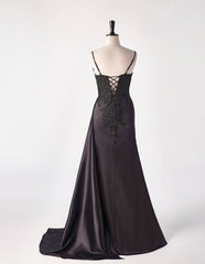Bridesmaid Dress Inspiration, Black Satin Appliques Mermaid Long Dress with Slit