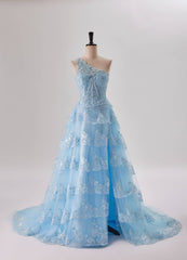 Prom Dress Prom Dresses, One Shoulder Light Blue Appliques Ruffle Formal Dress