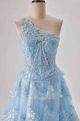 Unique Prom Dress, One Shoulder Light Blue Appliques Ruffle Formal Dress