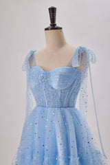 Bridesmaid Dresses Different Styles, Starry Light Blue Tulle A-line Princess Dress