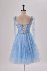 Evening Dress Elegant, Starry Light Blue Tulle A-line Princess Dress