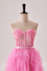 Prom Dresses Cheap, Hot Pink Bustier Ruffles Long Party Dress