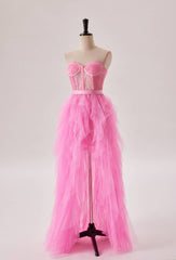 Prom Dresses 2018, Hot Pink Bustier Ruffles Long Party Dress