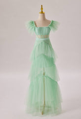 Prom Dress Ideas, Mint Green Flare Sleeves Ruffles Long Party Dress
