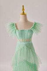 Prom Dresses Under 120, Mint Green Flare Sleeves Ruffles Long Party Dress