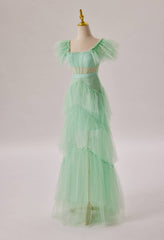Prom Dress Under 120, Mint Green Flare Sleeves Ruffles Long Party Dress