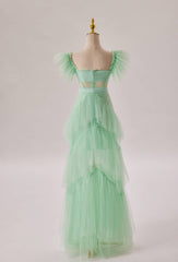 Prom Dresses Under 220, Mint Green Flare Sleeves Ruffles Long Party Dress