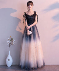 Homecoming Dresses Blue, Black Sweetheart Tulle Sequin Long Prom Dress, Black Evening Dress