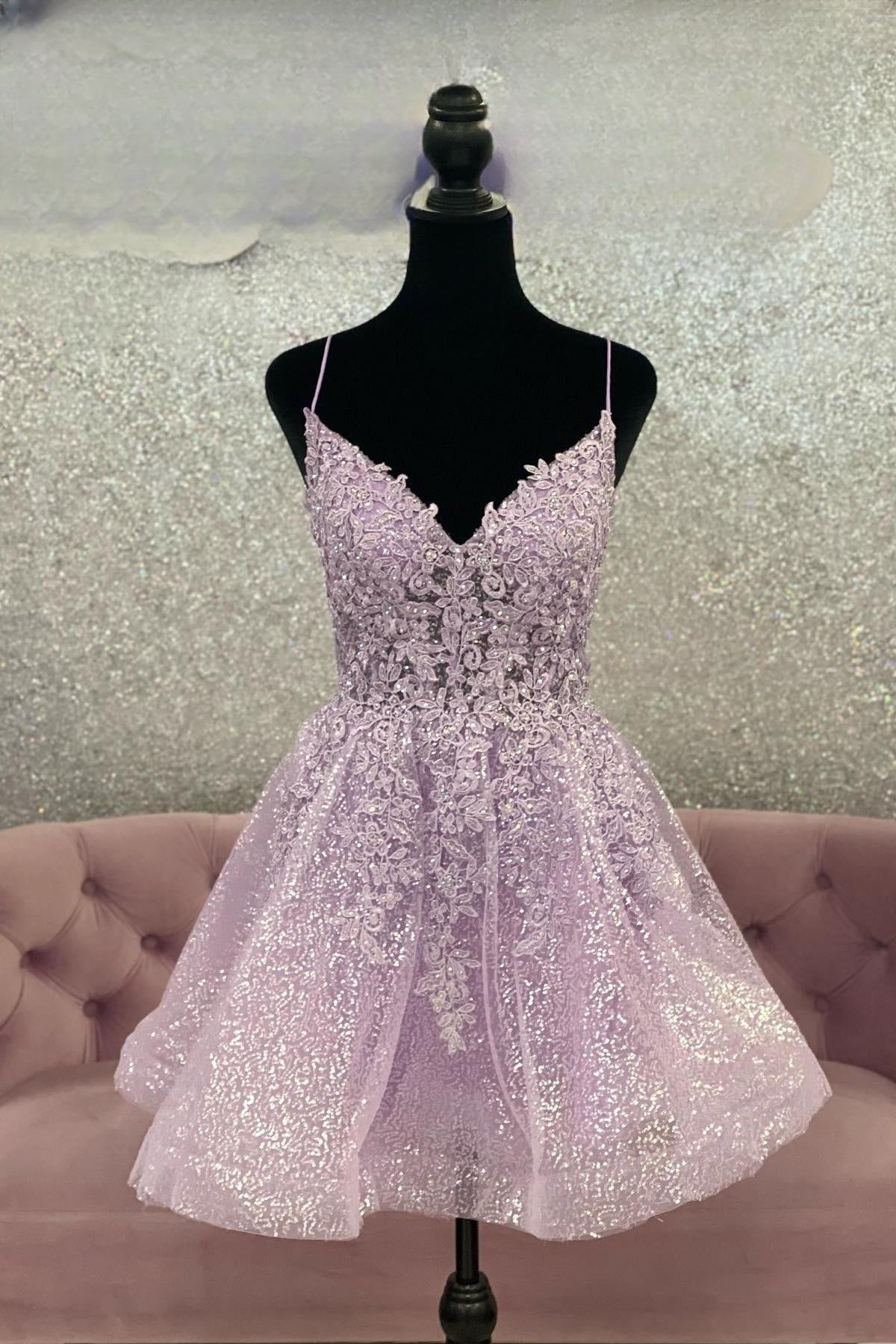 Homecoming Dress Tight, Lilac A-line Sequined Appliques Straps V Neck Homecoming Dress