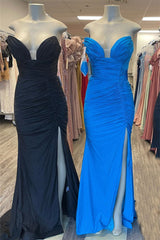 Blue Dress, Black & Blue Jay Strapless Mermaid Pleated Long Prom Dress with Slit