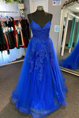 Party Dress On Line, Royal Blue Appliques Deep V Neck Lace-Up A-line Tulle Long Prom Dress