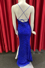 Party Dresses Idea, Royal Blue Lace-Up Sequins Mermaid Long Prom Dress with Slit