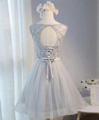 Evening Dress For Party, Gray Tulle Beads Short Prom Dress, Gray Homecoming Dress