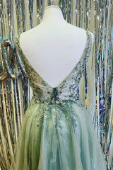 Prom Dresses For 040, Mint Green Beaded V-Neck Backless A-Line Prom Dress