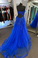Party Dress Style Shop, Royal Blue Appliques Deep V Neck Lace-Up A-line Tulle Long Prom Dress