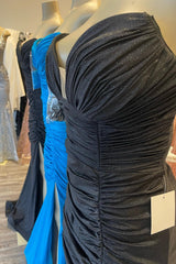 Long Dress, Black & Blue Jay Strapless Mermaid Pleated Long Prom Dress with Slit