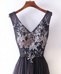 Prom Dress Under 224, Black V Neck Lace Applique Tulle Long Prom Dress, Black Evening Dress