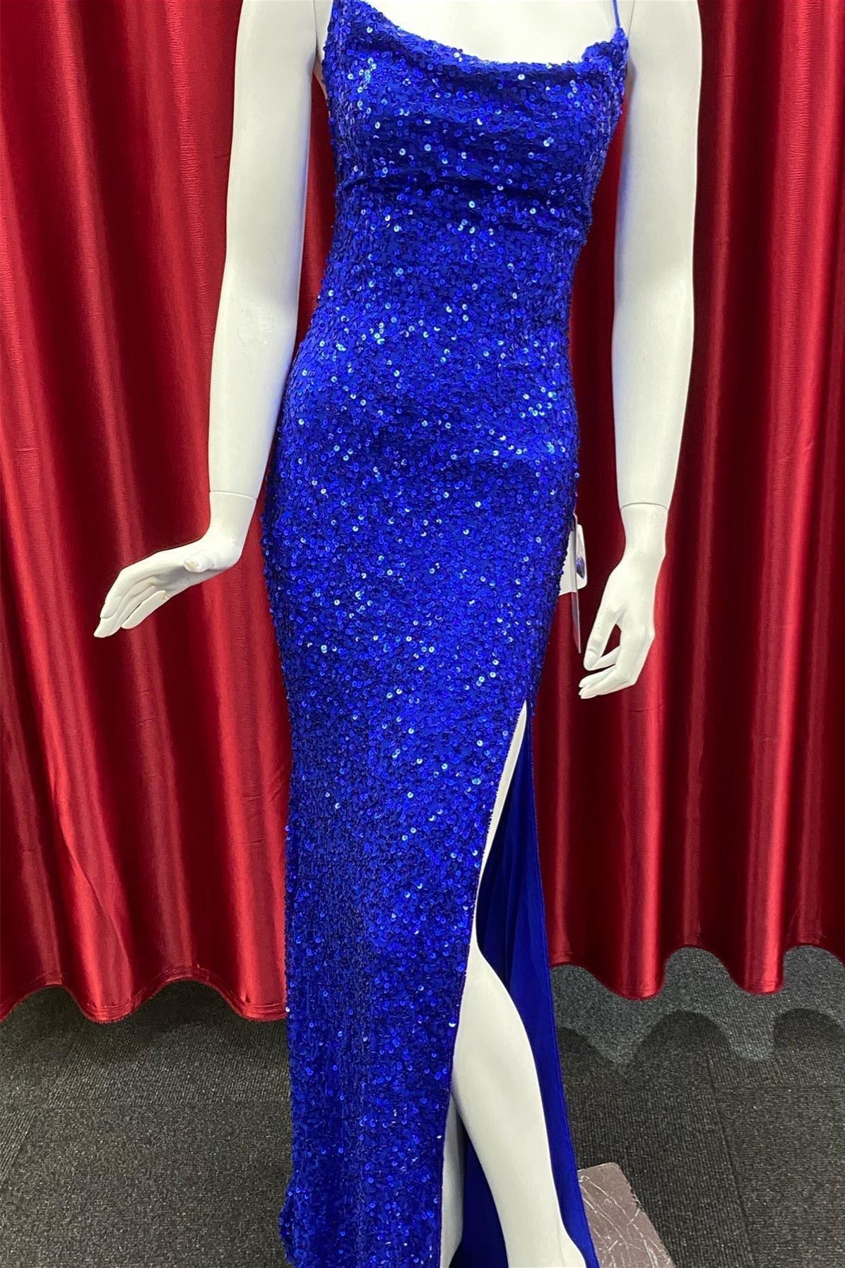 Party Dresses Prom, Royal Blue Lace-Up Sequins Mermaid Long Prom Dress with Slit